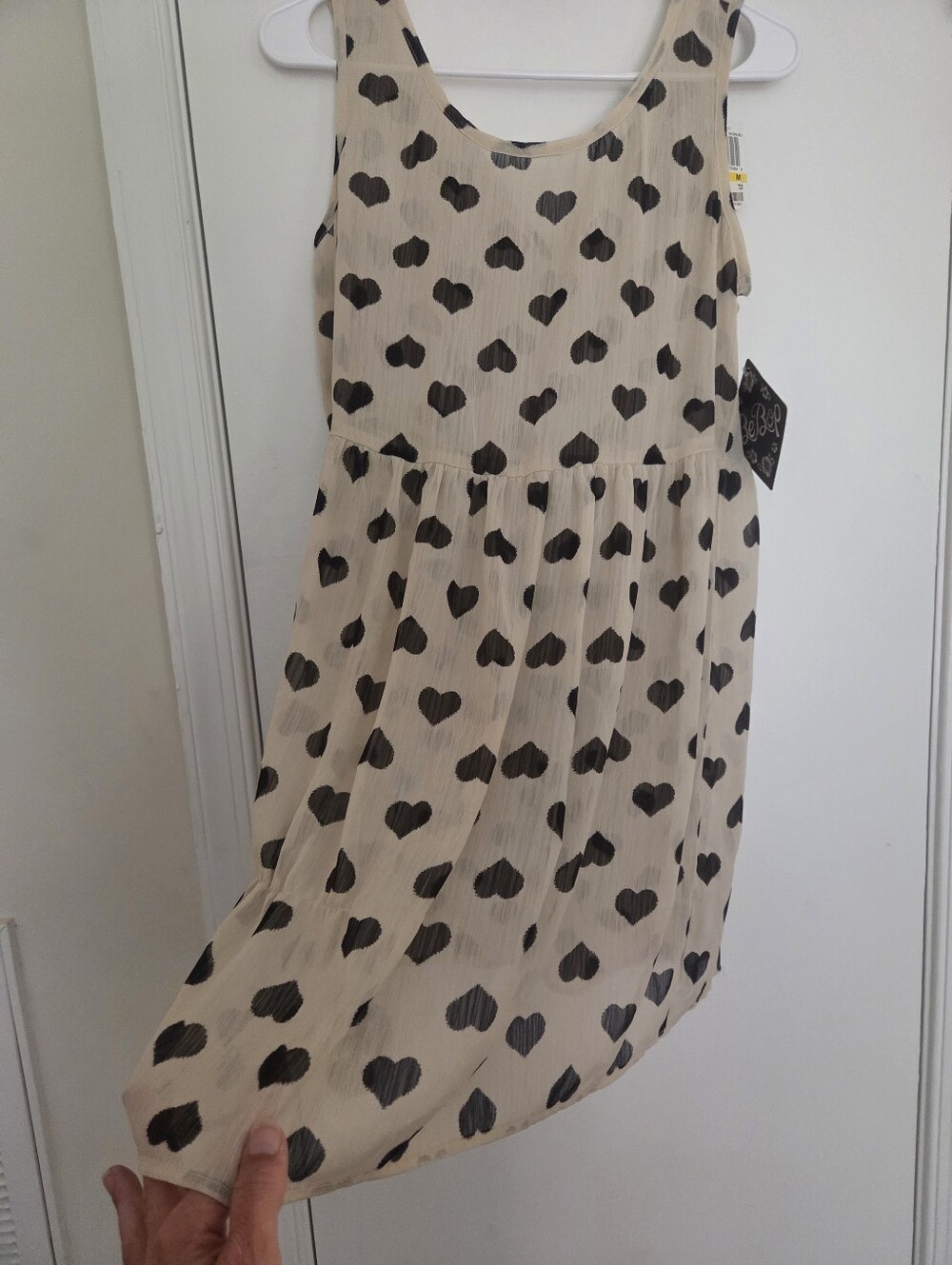 BeBop Beige Sheer Mini Dress with Black Heart Print Tie-Back